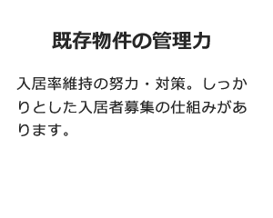 既存物件の管理力 入居率維持の努力・対策。しっかりとした入居者募集の仕組みがあります。
