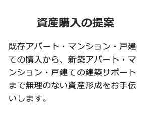 資産購入の提案 既存アパート・マンション・戸建ての購入から、新築アパート・マンション・戸建ての建築サポートまで無理のない資産形成をお手伝いします。